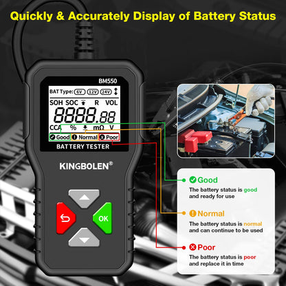 KINGBOLEN BM550 Digital Car Battery Tester 6V/12V/24V CCA & Internal Resistance Analyzer for Cars, Trucks, SUVs, ATVs, Boats & Motorcycles