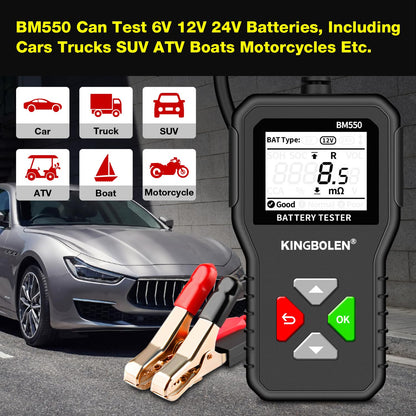 KINGBOLEN BM550 Digital Car Battery Tester 6V/12V/24V CCA & Internal Resistance Analyzer for Cars, Trucks, SUVs, ATVs, Boats & Motorcycles