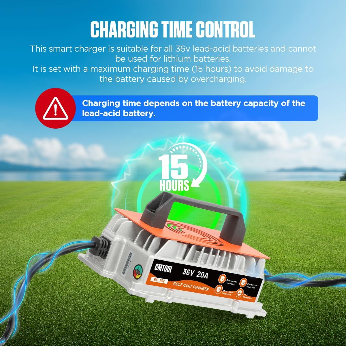 CMTOOL 36V 25A EZGO Golf Cart Charger, Smart Automatic Lead-Acid Battery Charger, IP67 Waterproof, Fast Charge with Trickle Mode, 16FT Cable