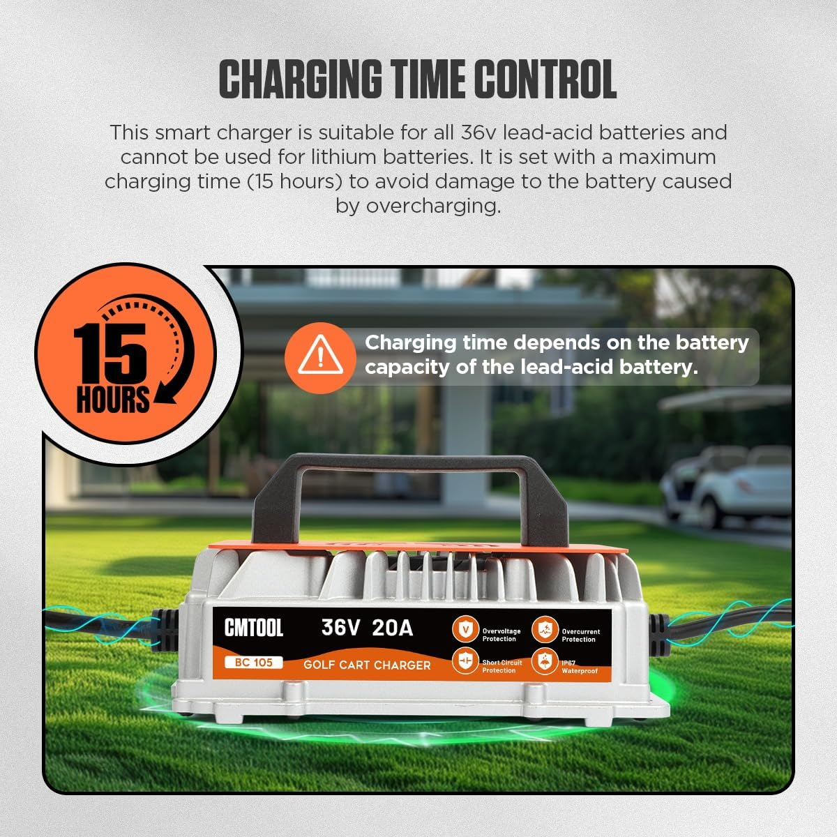 CMTOOL 36V 20 Amp Golf Cart Battery Charger, Fully Automatic Smart Trickle Charger for EZGO, Yamaha & Club Car, IP67 Waterproof, Crowfoot Plug, Lead-Acid Batteries