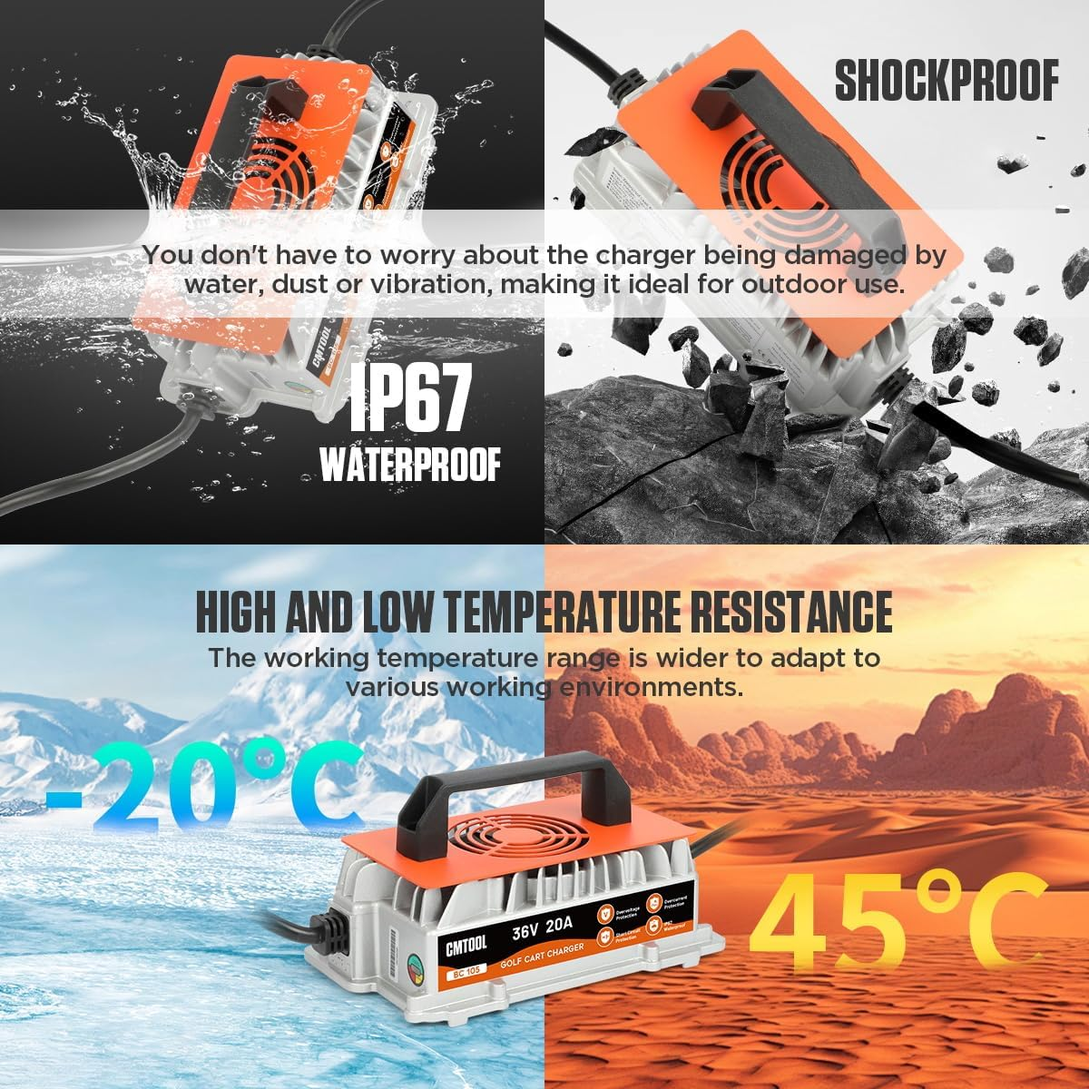 CMTOOL 36V 20 Amp Golf Cart Battery Charger, Fully Automatic Smart Trickle Charger for EZGO, Yamaha & Club Car, IP67 Waterproof, Crowfoot Plug, Lead-Acid Batteries
