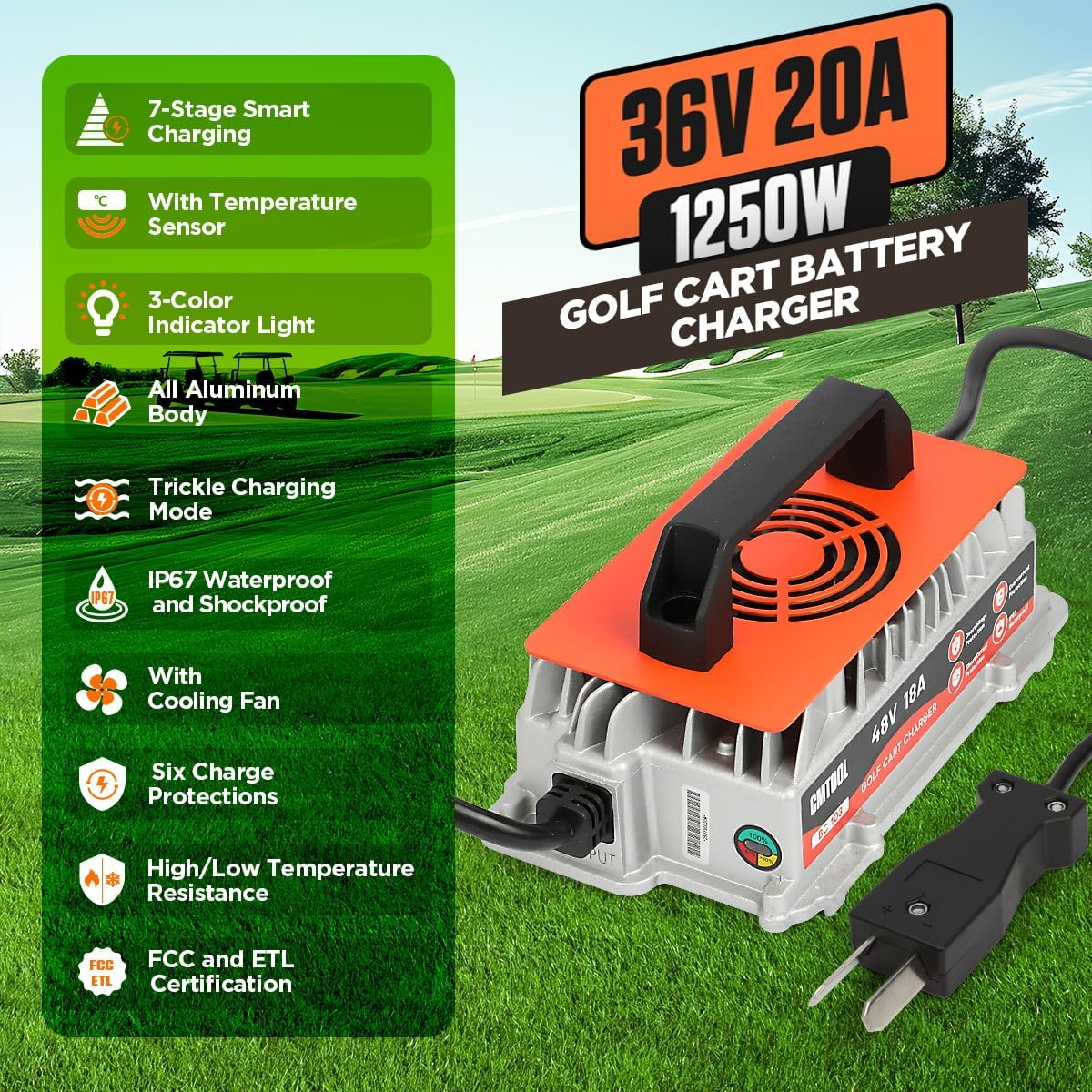 CMTOOL 36V 20 Amp Golf Cart Battery Charger, Fully Automatic Smart Trickle Charger for EZGO, Yamaha & Club Car, IP67 Waterproof, Crowfoot Plug, Lead-Acid Batteries