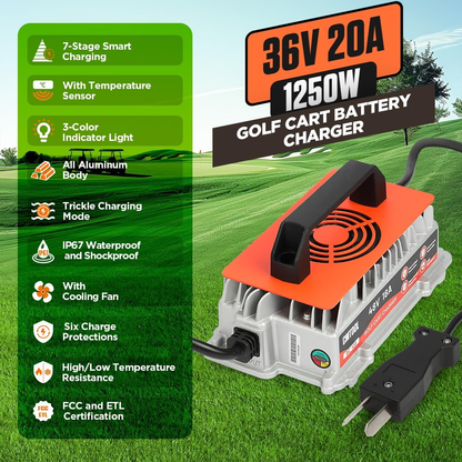 CMTOOL 36V 20 Amp Golf Cart Battery Charger, Fully Automatic Smart Trickle Charger for EZGO, Yamaha & Club Car, IP67 Waterproof, Crowfoot Plug, Lead-Acid Batteries