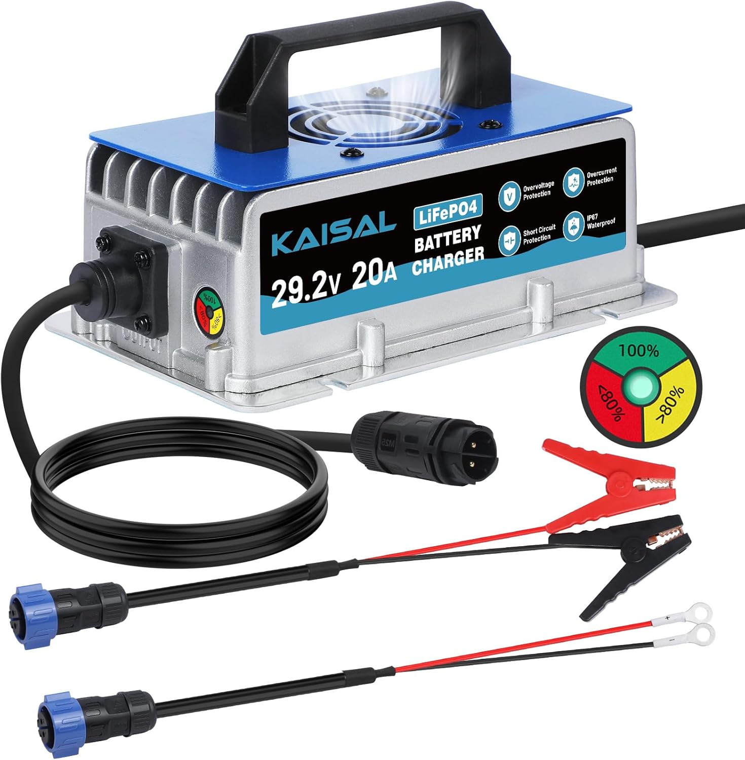 24V 20A Lithium Battery Charger 29.2V LiFePO4 Battery Charger IP67 Waterproof & 0V Wake Up 24 Volt Lithium Charger with 2 Connectors, 8 Protections for 25.6V LiFePO4 Battery of RV, Boat, Marine, Solar