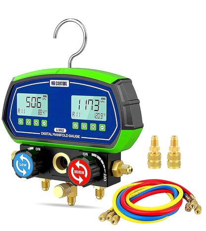 MR CARTOOL L302 Digital Manifold Gauge Set – 2-Valve Refrigerant Pressure Tester with 3 Hoses for HVAC & Air Conditioning Refrigeration Recharging