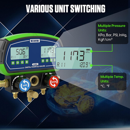 MR CARTOOL L302 Digital Manifold Gauge Set – 2-Valve Refrigerant Pressure Tester with 3 Hoses for HVAC & Air Conditioning Refrigeration Recharging