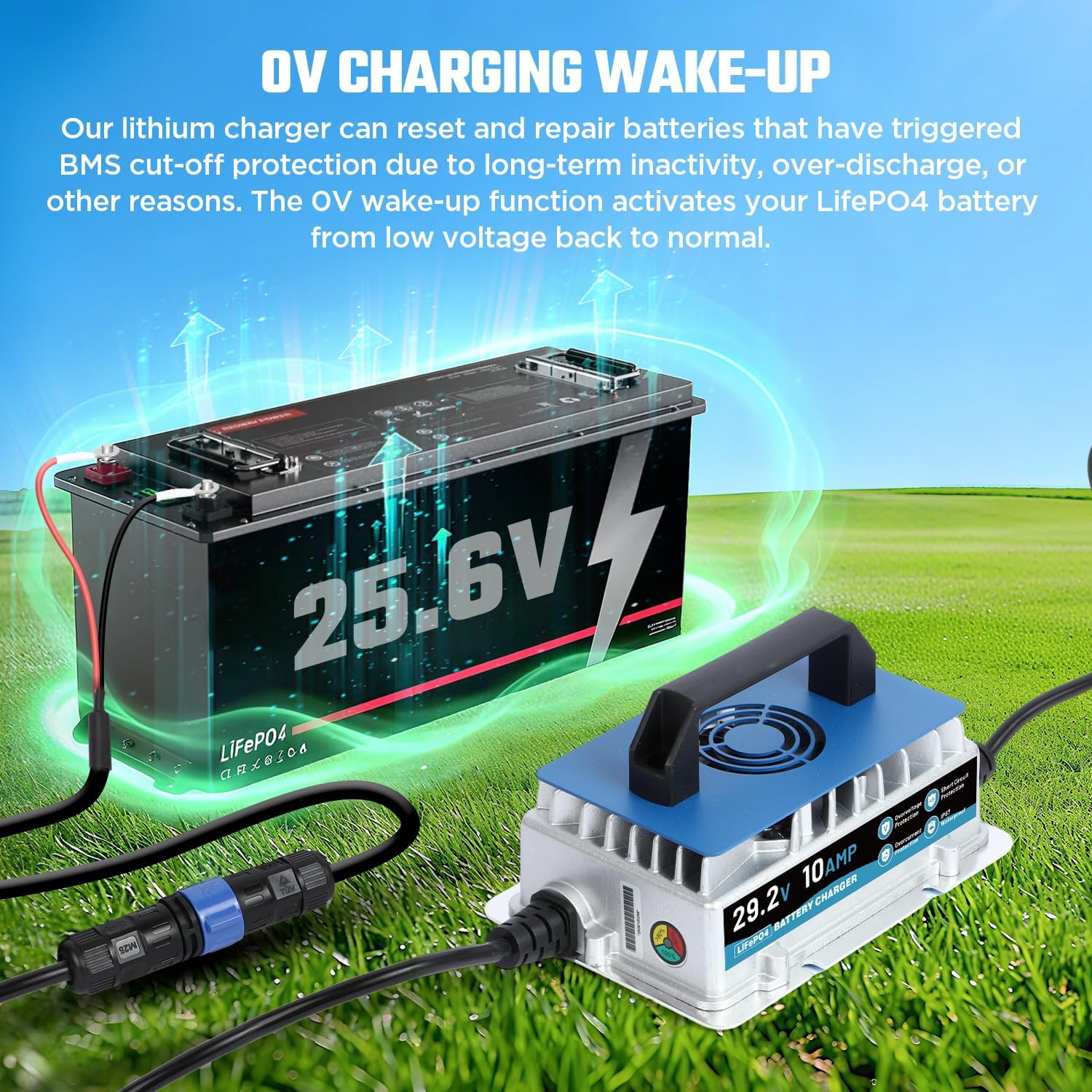 24V 10A Lithium Battery Charger, IP67 Waterproof & 0V Wake Up 29.2V LiFePO4 Battery Charger with 2 Connection Types, 7 Protections for 25.6V RV, Boat, Car, Solar, Electric Yacht LiFePO4 Battery