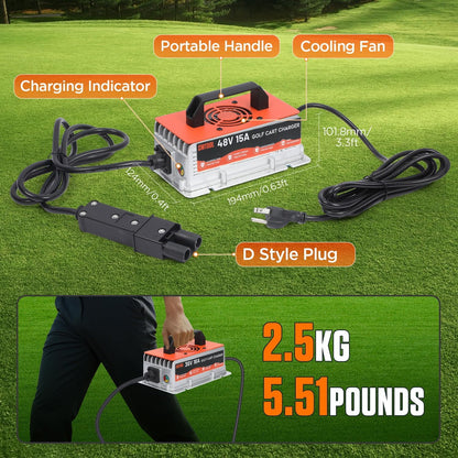 CMTOOL 48V 15A Golf Cart Battery Charger for Yamaha G19 G22, Smart Automatic Trickle Charger, 2-Pin Binocular Plug, IP67 Waterproof, for 48V Lead-Acid Batteries