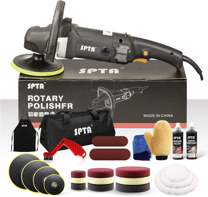SPTA Polishing Machine, 125 mm/150 mm/180 mm Polisher with Variable Speed, Professional Set - Grinding Machine 1200 Watt Set + Polishing Sponge Accessory Set, Polishing Plate, Wool Disc for Car Boat
