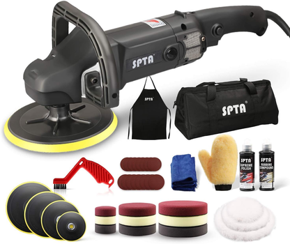 SPTA Polishing Machine, 125 mm/150 mm/180 mm Polisher with Variable Speed, Professional Set - Grinding Machine 1200 Watt Set + Polishing Sponge Accessory Set, Polishing Plate, Wool Disc for Car Boat
