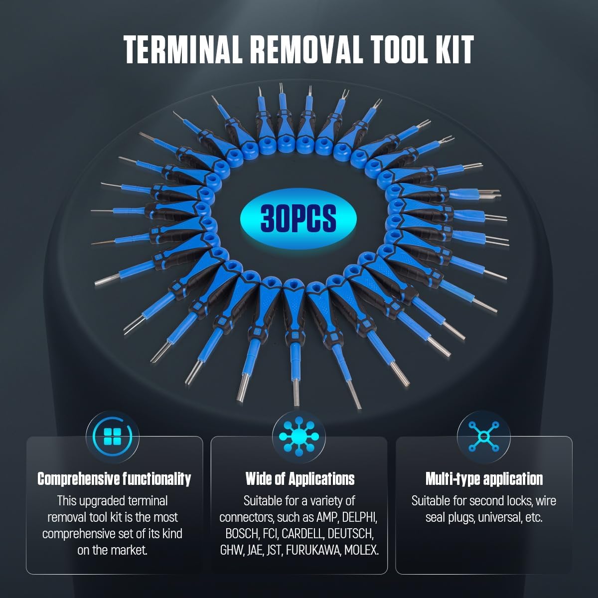 CMTOOL Terminal Removal Tool Kit 30PCS Terminal Ejector Kit, Upgraded Depinning Tool Automotive Electrical Pin Removal Tool, Car Pin Extractor