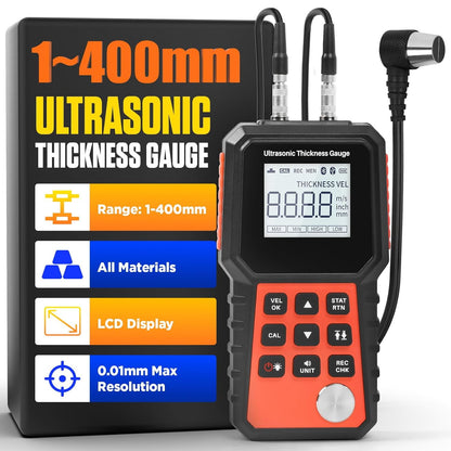 Ultrasonic Thickness Gauge Industrial Range 0.04-15.75"(1-400mm) for All Materials, Steel, Plastic, Glass, Aluminum, Copper, Metal Thickness Tester, 2.4" LCD Display (All Materials)