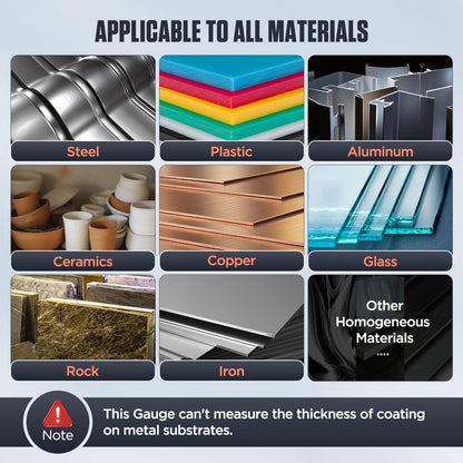 Ultrasonic Thickness Gauge Industrial Range 0.04-15.75"(1-400mm) for All Materials, Steel, Plastic, Glass, Aluminum, Copper, Metal Thickness Tester, 2.4" LCD Display (All Materials)