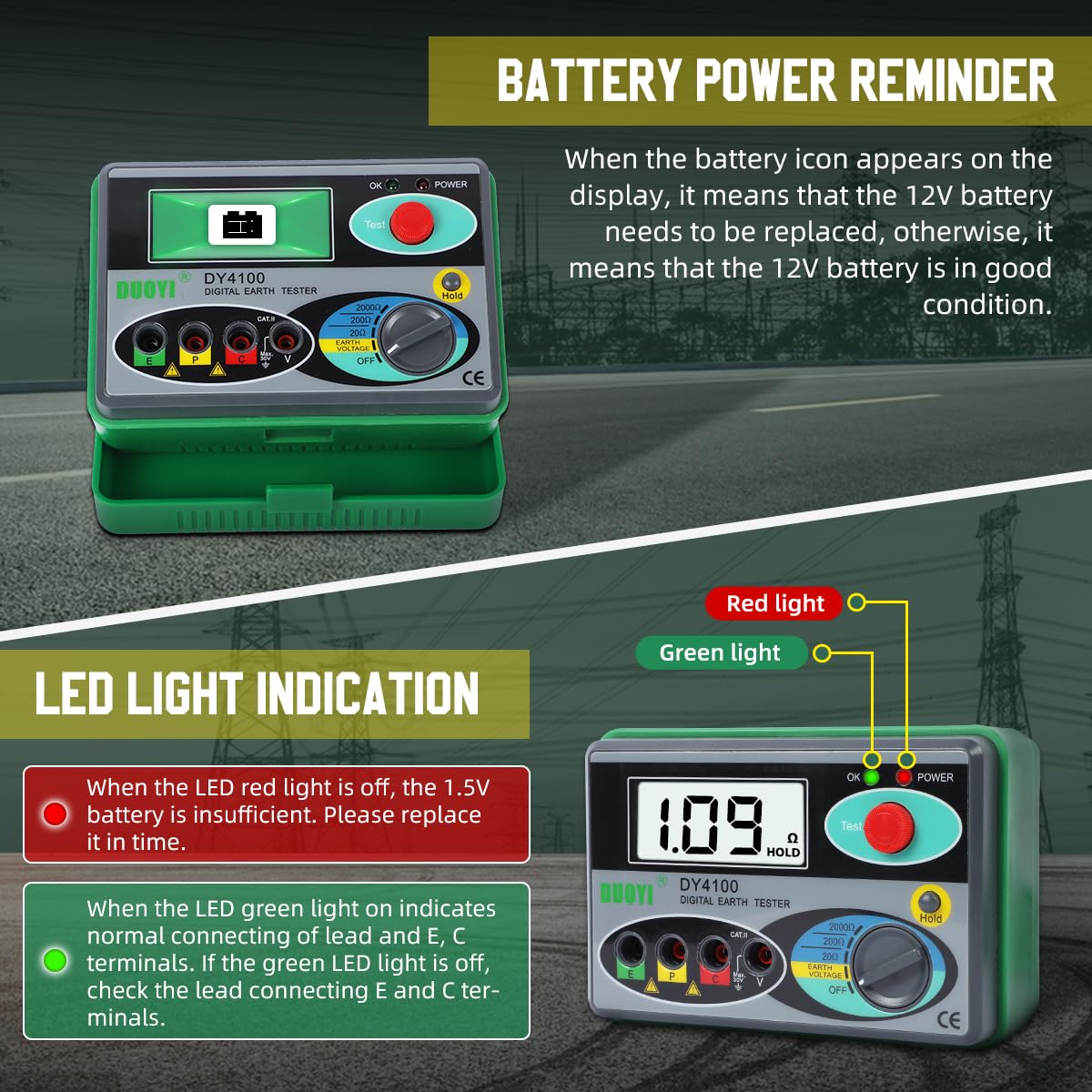 DUOYI Digital Earth Ground Resistance Tester,0-2000 ohm Meter Earth Resistance Tester,Overload Protection AC Ground Voltage Meter with 6Pcs 1.5V Battery,Tool Bag