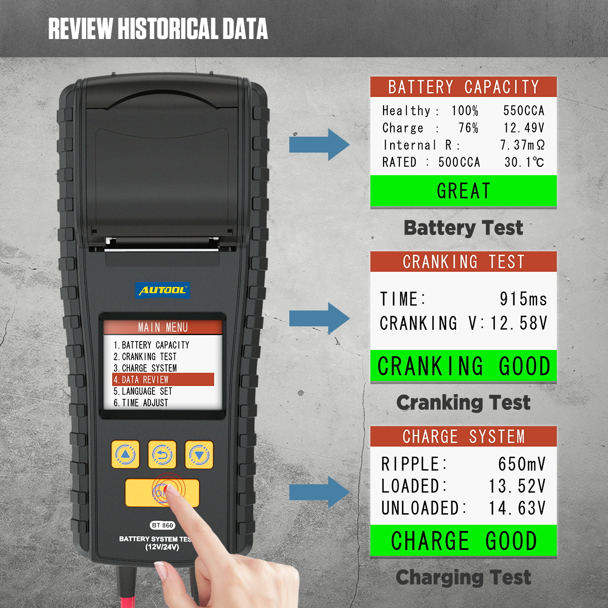 AUTOOL BT860 Battery Tester with Temperature Monitoring and Printing Capabilities
