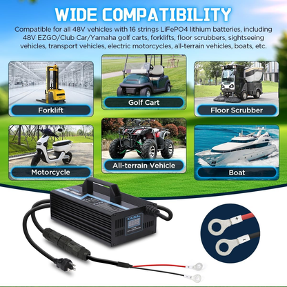 KAISAL 48V/58.4V 15A Lifepo4 Battery Charger - Onboard 48 Volt Lithium Golf Cart & Forklift Charger with IP68 Waterproof Removable Plug