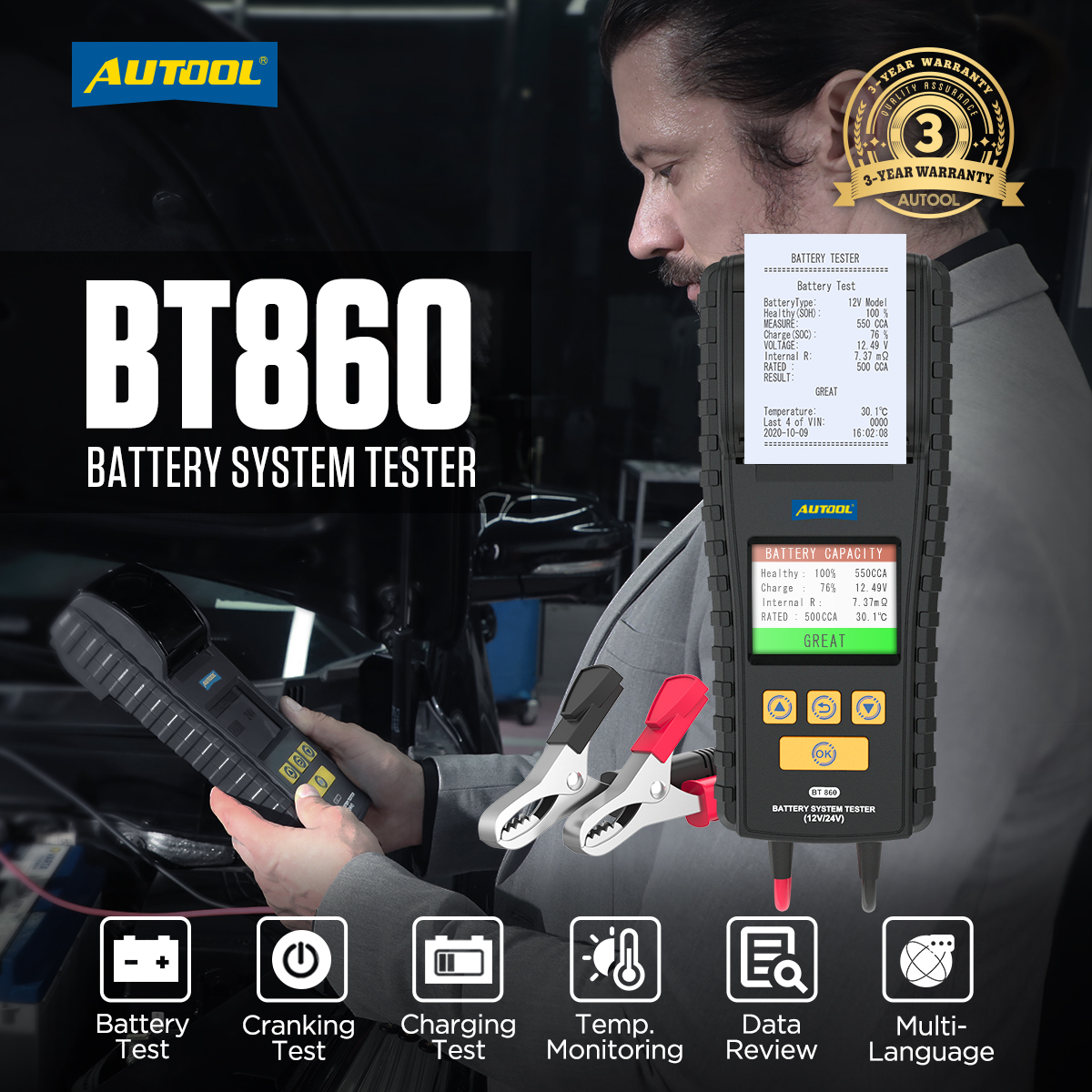 AUTOOL BT860 Battery Tester with Temperature Monitoring and Printing Capabilities