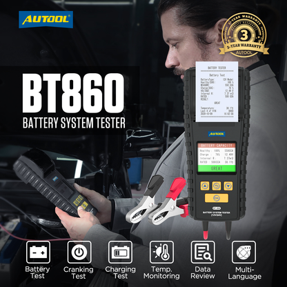 AUTOOL BT860 Battery Tester with Temperature Monitoring and Printing Capabilities
