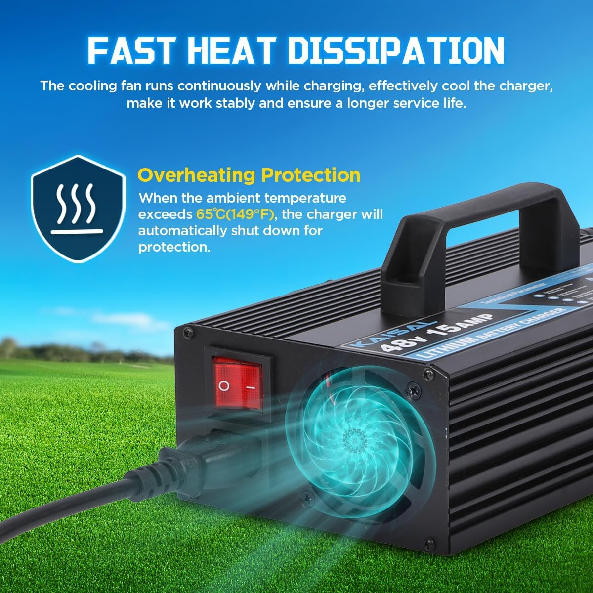 KAISAL 48V/58.4V 15A Lifepo4 Battery Charger - Onboard 48 Volt Lithium Golf Cart & Forklift Charger with IP68 Waterproof Removable Plug