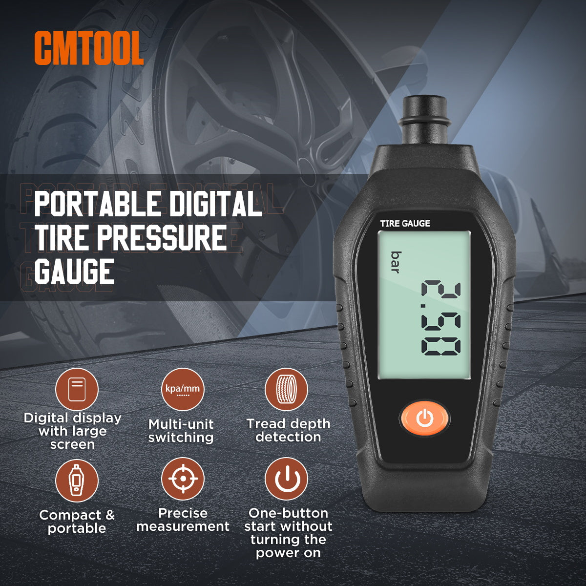 Digital Tyre Pressure Gauge 7.5~99PSI Tyre Depth Gauge Thread Checker 0~15mm