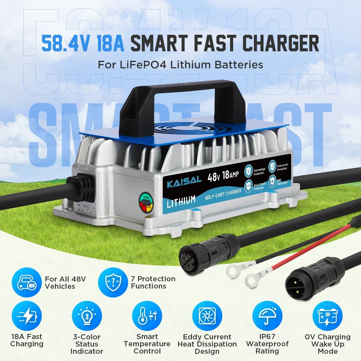 Lithium Battery Charger 48 Volt/58.4V 18A for 48V (51.2V) LiFePO4 Battery 1250W Lifepo4 Battery Charger 48 Volt, IP67 Waterproof, for Golf Cart, Forklift, Electric Outboard, Boat, Solar, RV, Off-Grid