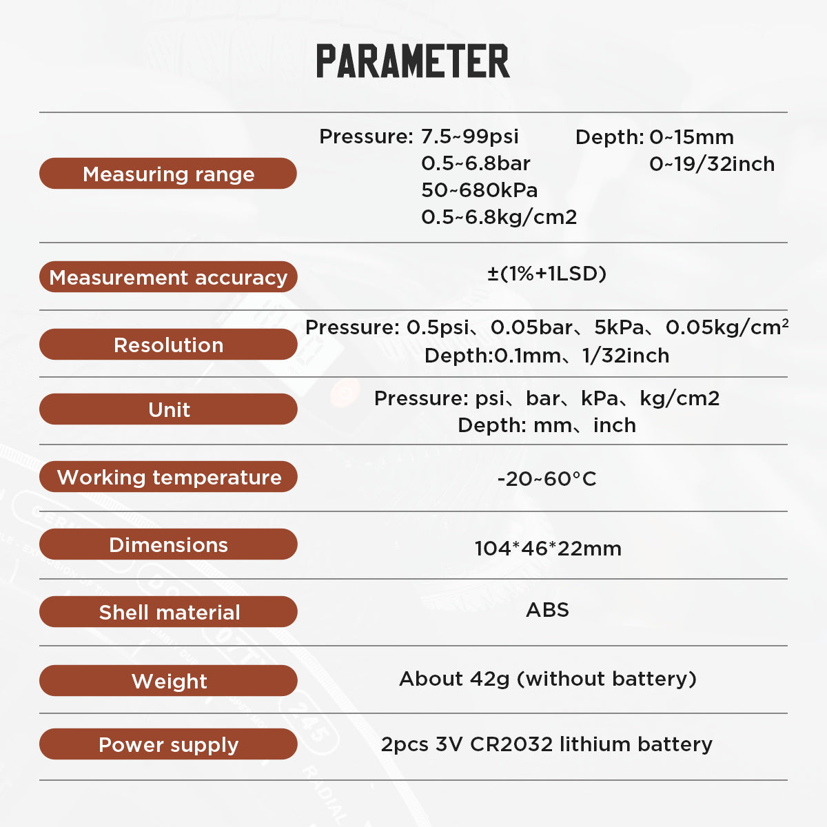 Digital Tyre Pressure Gauge 7.5~99PSI Tyre Depth Gauge Thread Checker 0~15mm