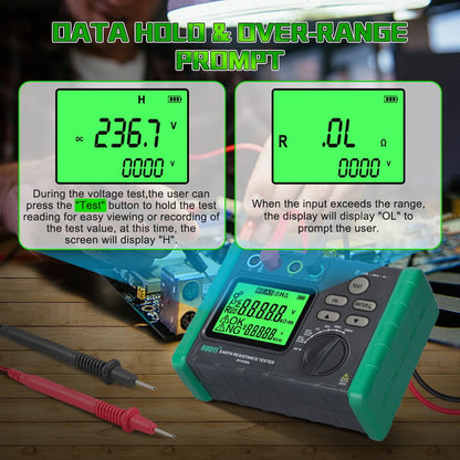 DUOYI Earth Ground Resistance Tester 0.03-2000Ω Soil Resistivity Meter,Upgraded Earth Resistance Tester Auto Measurement 600V AC Ground Voltage Meter with 6pcs 1.5V Batteries,Tool Bag