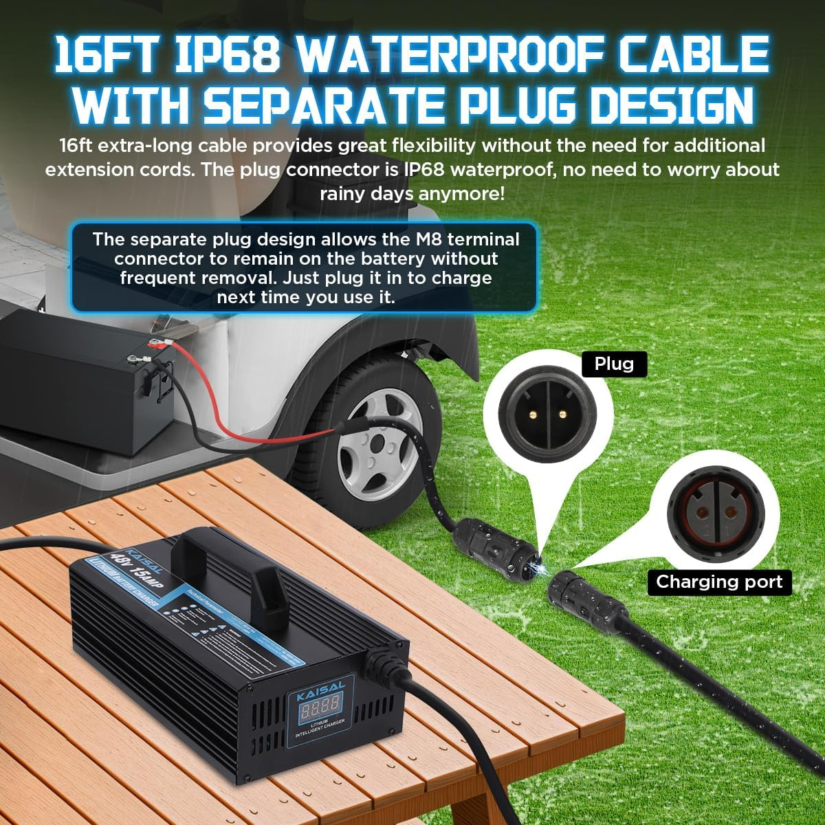 KAISAL 48V/58.4V 15A Lifepo4 Battery Charger - Onboard 48 Volt Lithium Golf Cart & Forklift Charger with IP68 Waterproof Removable Plug