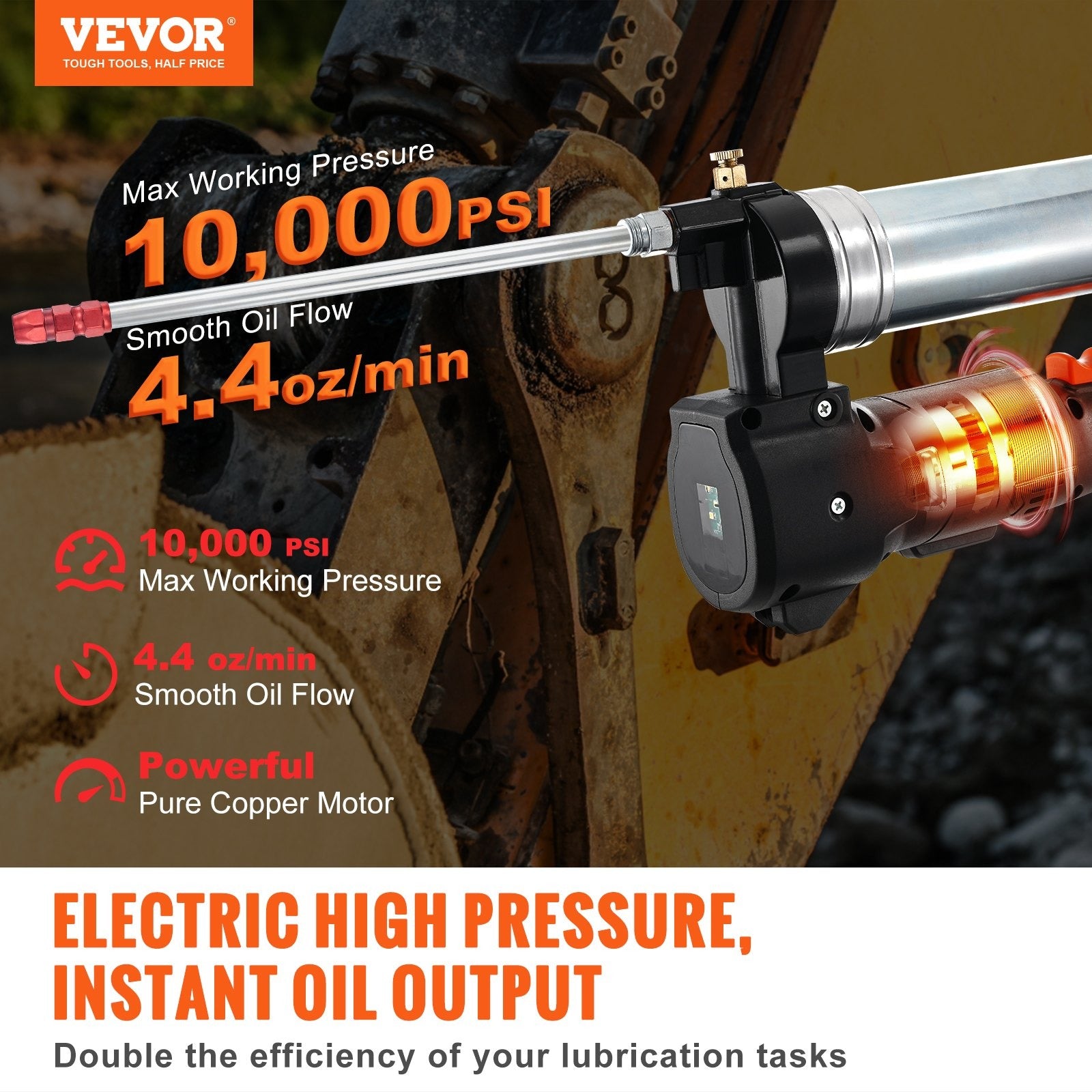 VEVOR Cordless Grease Gun 20V 10,000 PSI 39'' Hose – High-Pressure Electric Grease Gun Kit with Battery, Charger & Carrying Case