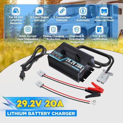 KAISAL 24V 20A Lithium Battery Charger for LiFePO4 - 29.2V with Wake-Up Function, 3 Connectors for RV, Boat, Truck, Marine & Solar Applications