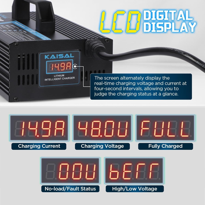 KAISAL 48V/58.4V 15A Lifepo4 Battery Charger - Onboard 48 Volt Lithium Golf Cart & Forklift Charger with IP68 Waterproof Removable Plug