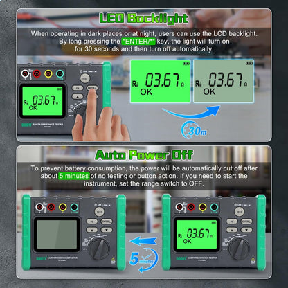 DUOYI Earth Ground Resistance Tester 0.03-2000Ω Soil Resistivity Meter,Upgraded Earth Resistance Tester Auto Measurement 600V AC Ground Voltage Meter with 6pcs 1.5V Batteries,Tool Bag