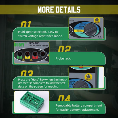 DUOYI Digital Earth Ground Resistance Tester,0-2000 ohm Meter Earth Resistance Tester,Overload Protection AC Ground Voltage Meter with 6Pcs 1.5V Battery,Tool Bag