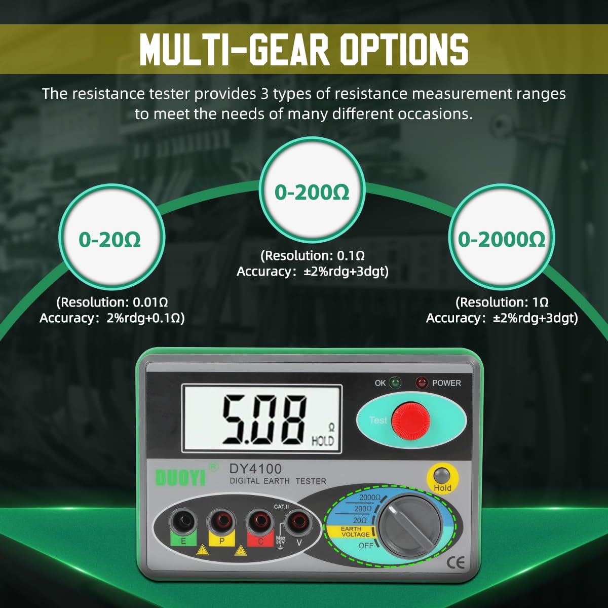 DUOYI Digital Earth Ground Resistance Tester,0-2000 ohm Meter Earth Resistance Tester,Overload Protection AC Ground Voltage Meter with 6Pcs 1.5V Battery,Tool Bag