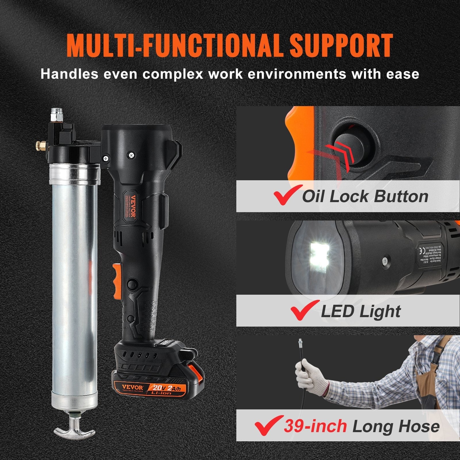 VEVOR Cordless Grease Gun 20V 10,000 PSI 39'' Hose – High-Pressure Electric Grease Gun Kit with Battery, Charger & Carrying Case
