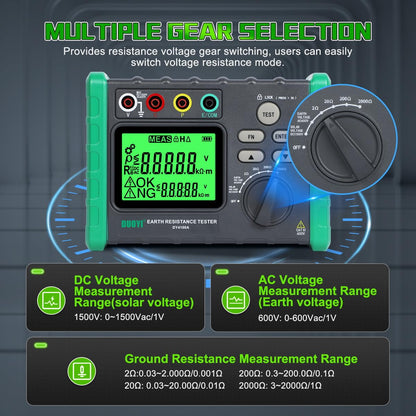 DUOYI Earth Ground Resistance Tester 0.03-2000Ω Soil Resistivity Meter,Upgraded Earth Resistance Tester Auto Measurement 600V AC Ground Voltage Meter with 6pcs 1.5V Batteries,Tool Bag