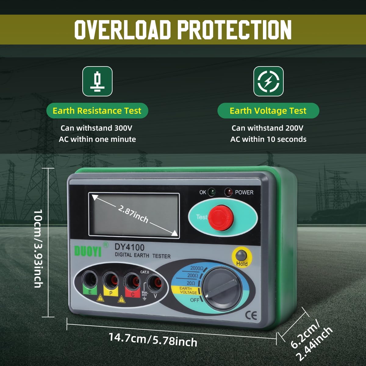 DUOYI Digital Earth Ground Resistance Tester,0-2000 ohm Meter Earth Resistance Tester,Overload Protection AC Ground Voltage Meter with 6Pcs 1.5V Battery,Tool Bag