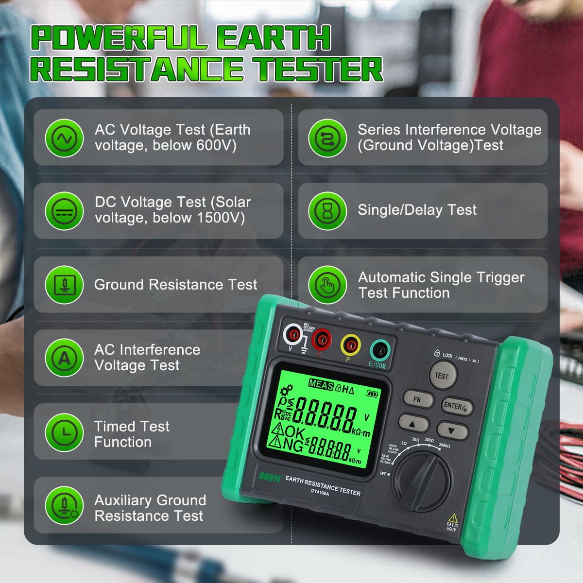 DUOYI Earth Ground Resistance Tester 0.03-2000Ω Soil Resistivity Meter,Upgraded Earth Resistance Tester Auto Measurement 600V AC Ground Voltage Meter with 6pcs 1.5V Batteries,Tool Bag