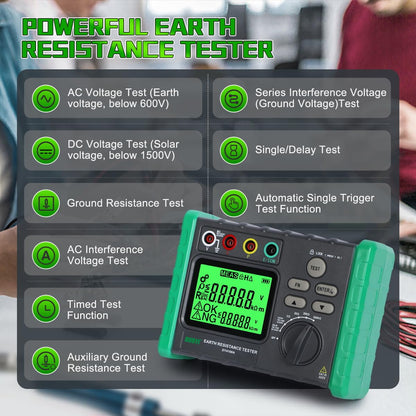 DUOYI Earth Ground Resistance Tester 0.03-2000Ω Soil Resistivity Meter,Upgraded Earth Resistance Tester Auto Measurement 600V AC Ground Voltage Meter with 6pcs 1.5V Batteries,Tool Bag