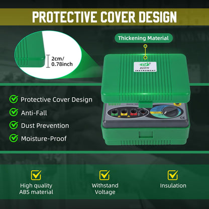 DUOYI Digital Earth Ground Resistance Tester,0-2000 ohm Meter Earth Resistance Tester,Overload Protection AC Ground Voltage Meter with 6Pcs 1.5V Battery,Tool Bag