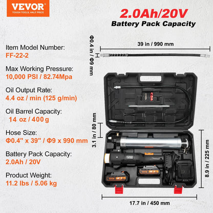 VEVOR Cordless Grease Gun 20V 10,000 PSI 39'' Hose – High-Pressure Electric Grease Gun Kit with Battery, Charger & Carrying Case