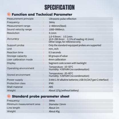 Ultrasonic Thickness Gauge Industrial Range 0.04-15.75"(1-400mm) for All Materials, Steel, Plastic, Glass, Aluminum, Copper, Metal Thickness Tester, 2.4" LCD Display (All Materials)