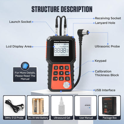 Ultrasonic Thickness Gauge Industrial Range 0.04-15.75"(1-400mm) for All Materials, Steel, Plastic, Glass, Aluminum, Copper, Metal Thickness Tester, 2.4" LCD Display (All Materials)