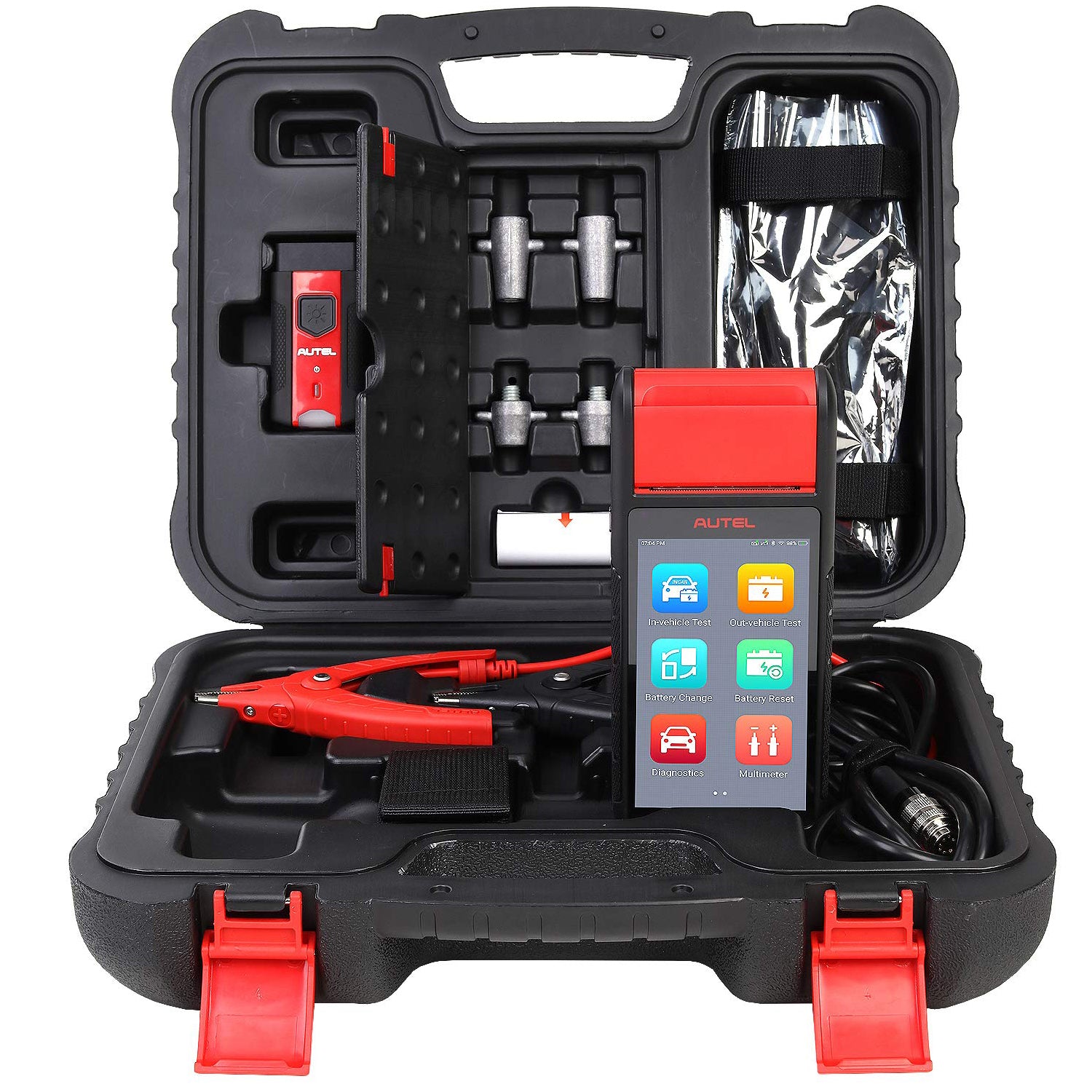 Autel MaxiBAS BT608 with VCI, battery clamps, side-post terminals and paper roll in its carrying case