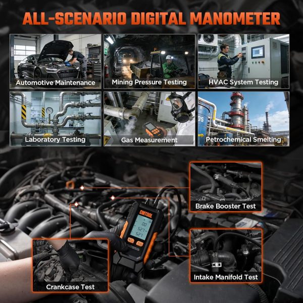 Manometer Gas Pressure Tester, Digital Manometer, -100-200Kpa, 10 Units Differential Pressure Gauge, Max/Min/Data Storage, 2-Port Tester for HVAC/Automotive Brake/Industrial/Lab Calibration (Mini)