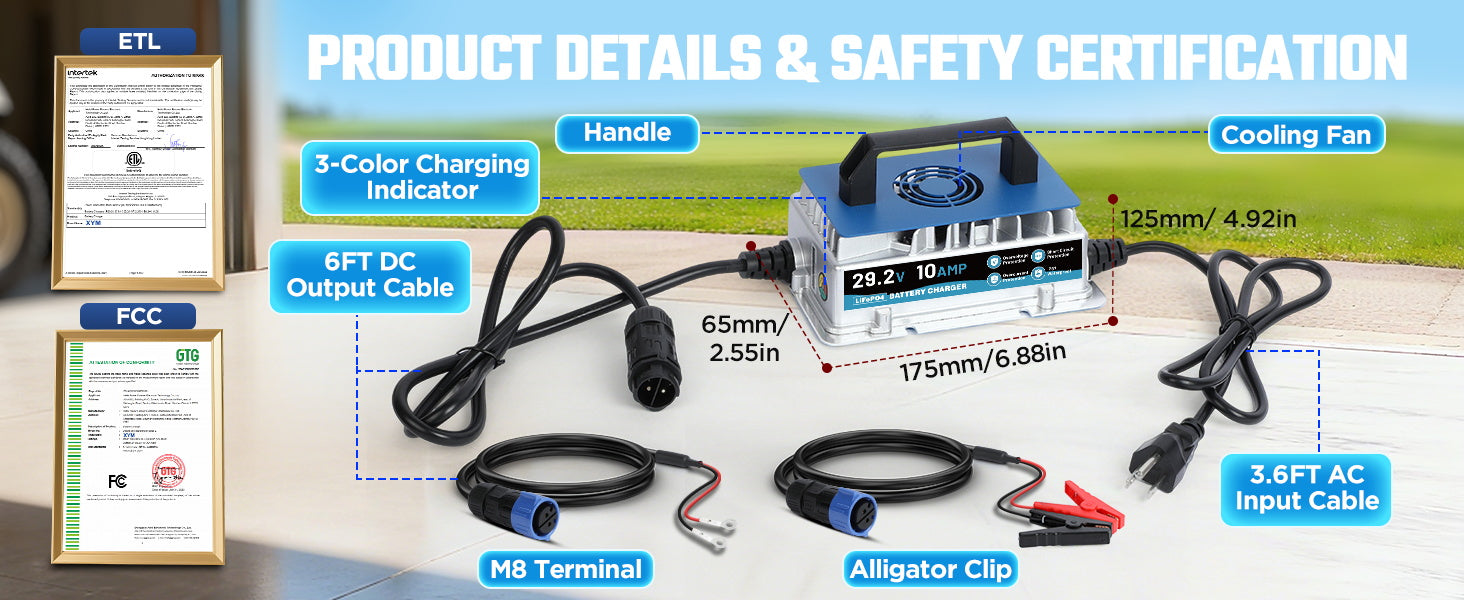 Charger callouts: handle, cooling fan, indicator, DC output cable, AC cable, M8 terminal lead and alligator clip lead