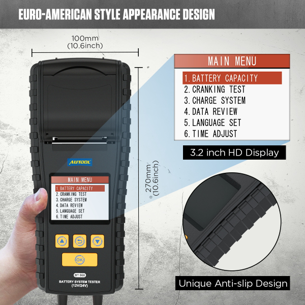 AUTOOL BT860 Battery Tester with Temperature Monitoring and Printing Capabilities