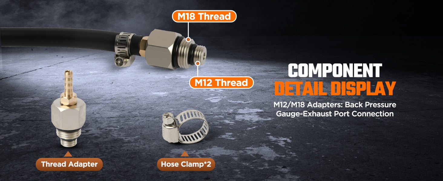 CMTOOL back pressure tester hose end with M12 and M18 threads, a separate thread adapter and a hose clamp