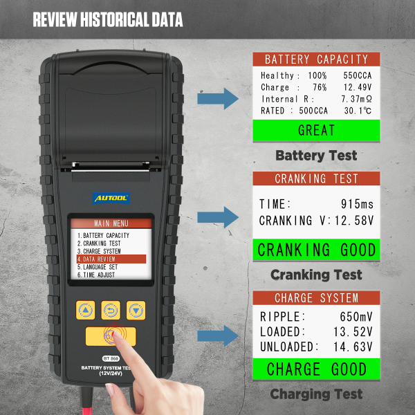 AUTOOL BT860 Battery Tester with Temperature Monitoring and Printing Capabilities