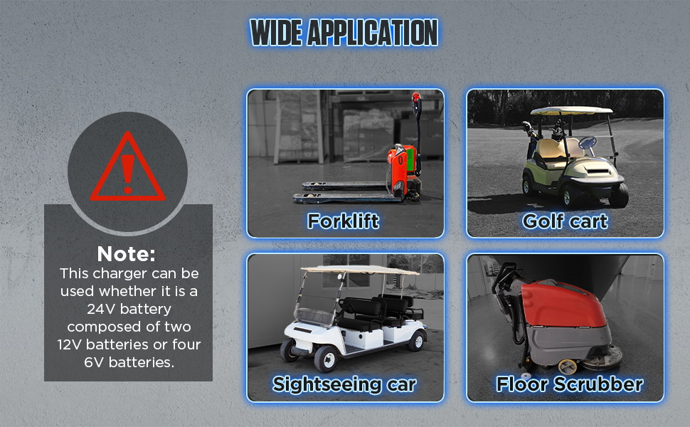 Applications: forklift, golf cart, sightseeing car and floor scrubber